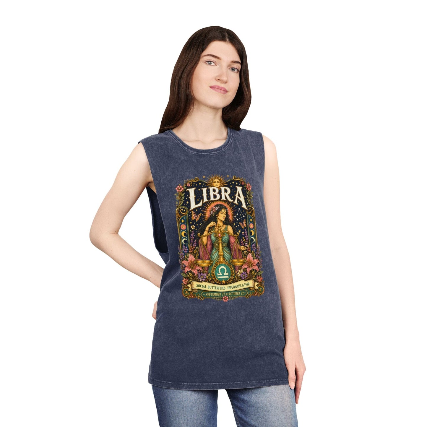 Libra Zodiac Stonewash Tank Top – Cosmic Scales Artwork
