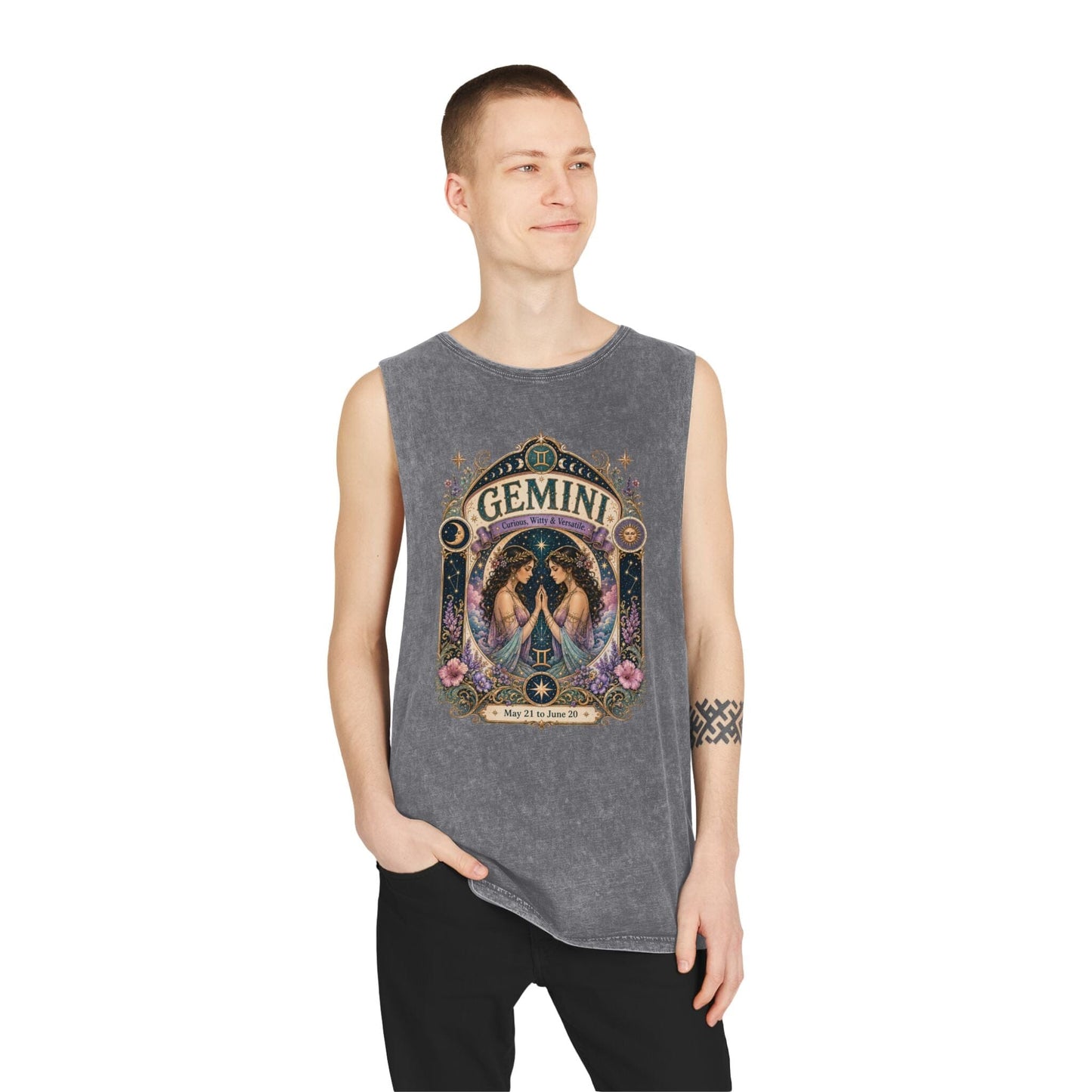 Gemini Zodiac Stonewash Tank Top – Cosmic Twins Artwork