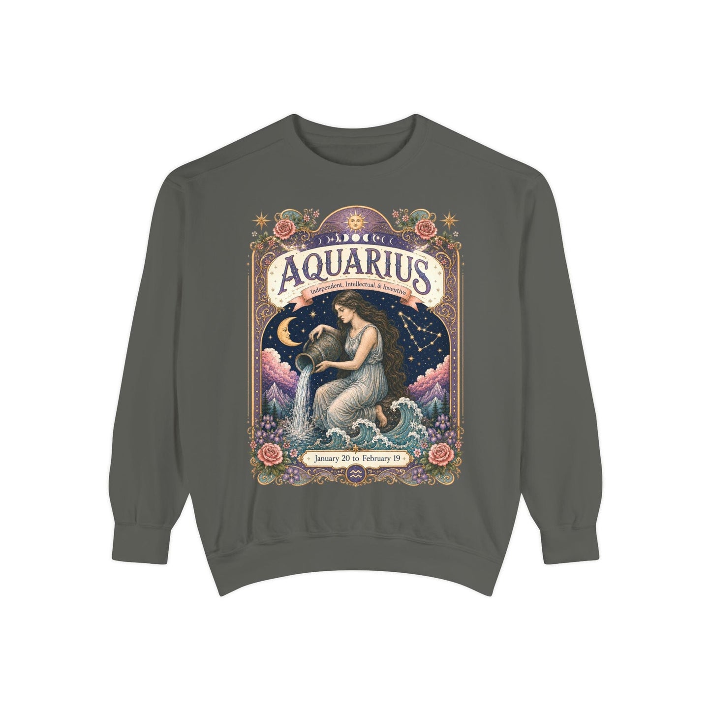 Aquarius Zodiac Garment-Dyed Sweatshirt – Mystic Water Bearer Artwork