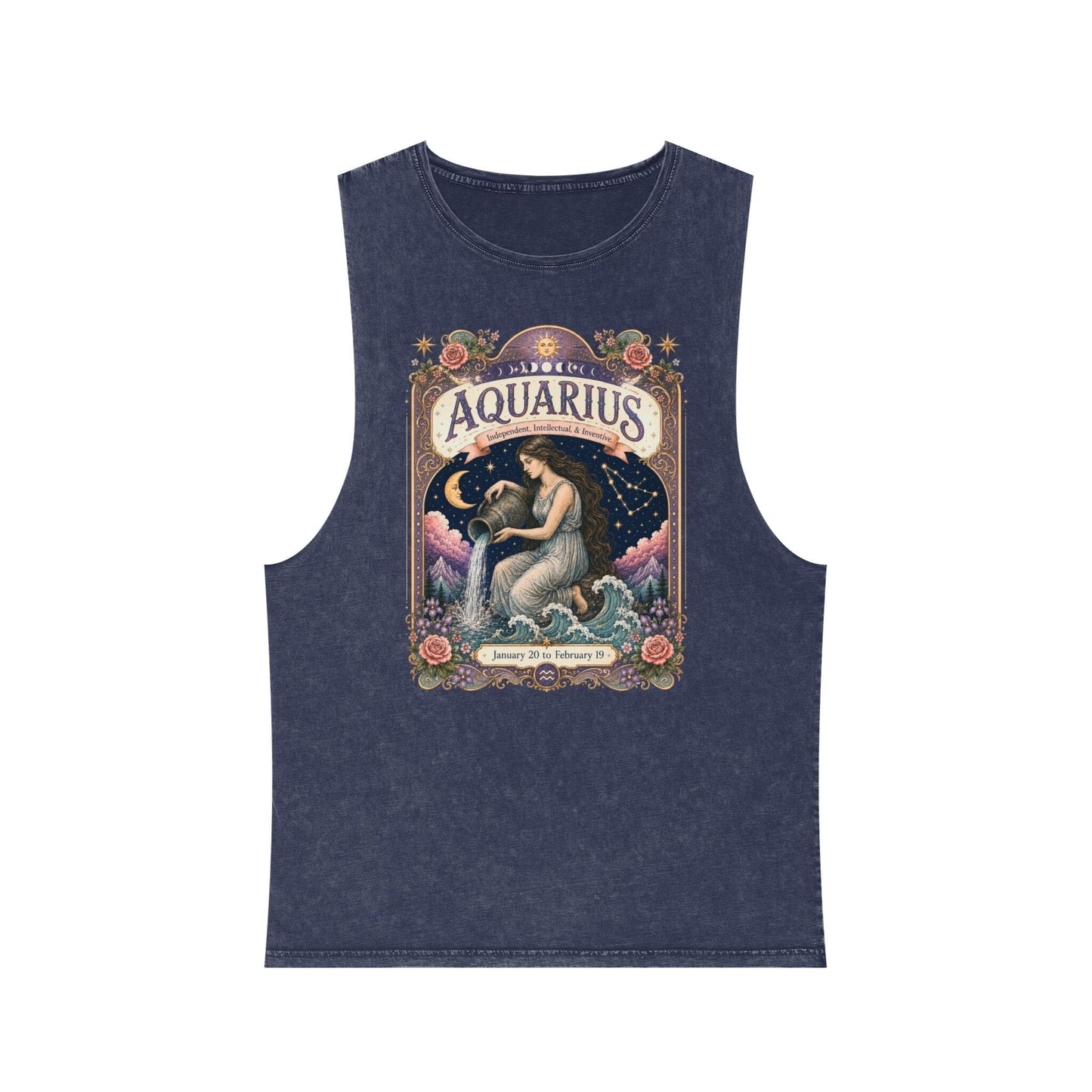 Aquarius Zodiac Stonewash Tank Top – Cosmic Water Bearer Artwork