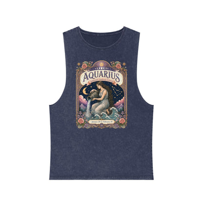 Aquarius Zodiac Stonewash Tank Top – Cosmic Water Bearer Artwork