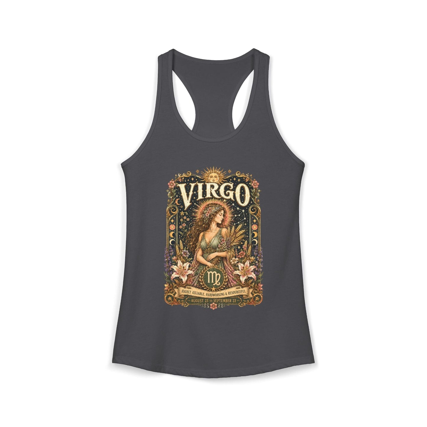 Virgo Zodiac Women's Racerback Tank – Ornate Maiden Artwork