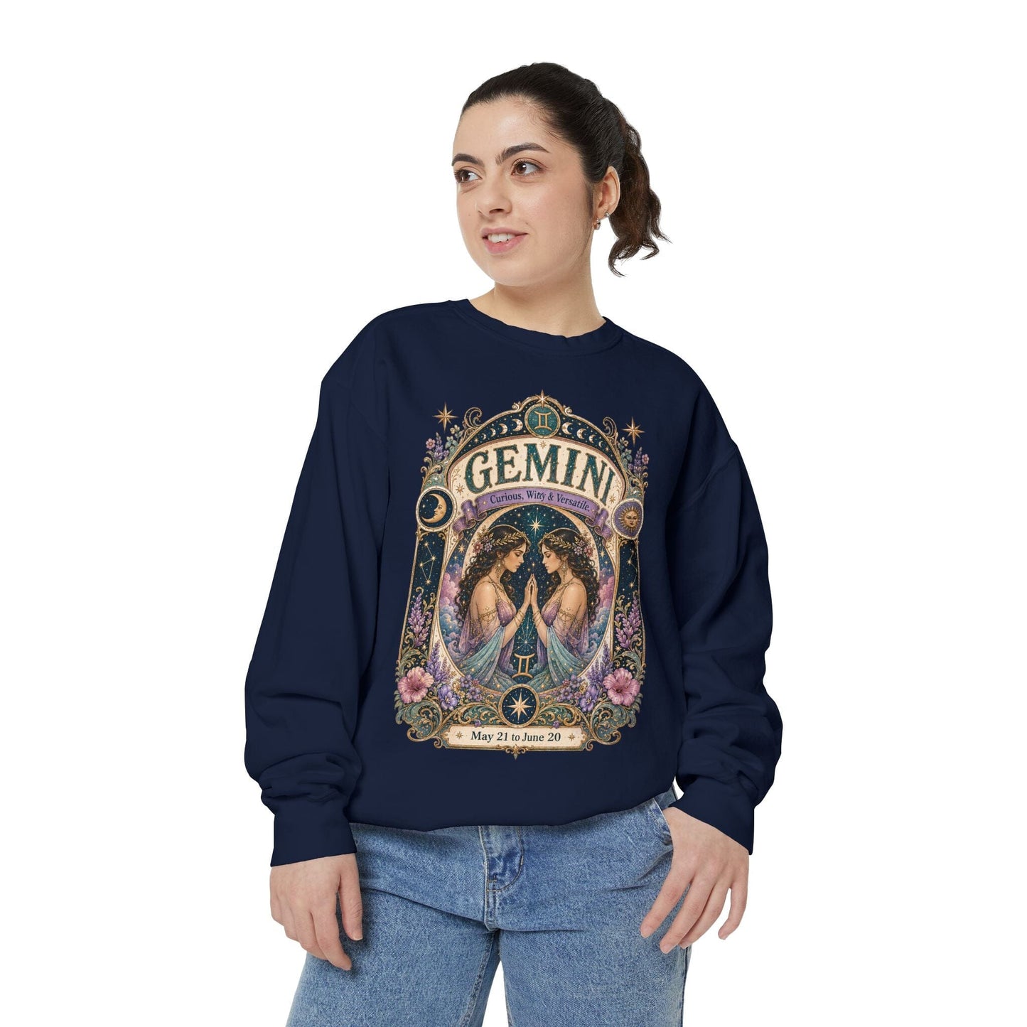 Gemini Zodiac Garment-Dyed Sweatshirt – Mystic Twins Artwork