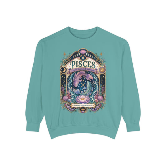 Pisces Zodiac Garment-Dyed Sweatshirt – Mystic Fish Artwork
