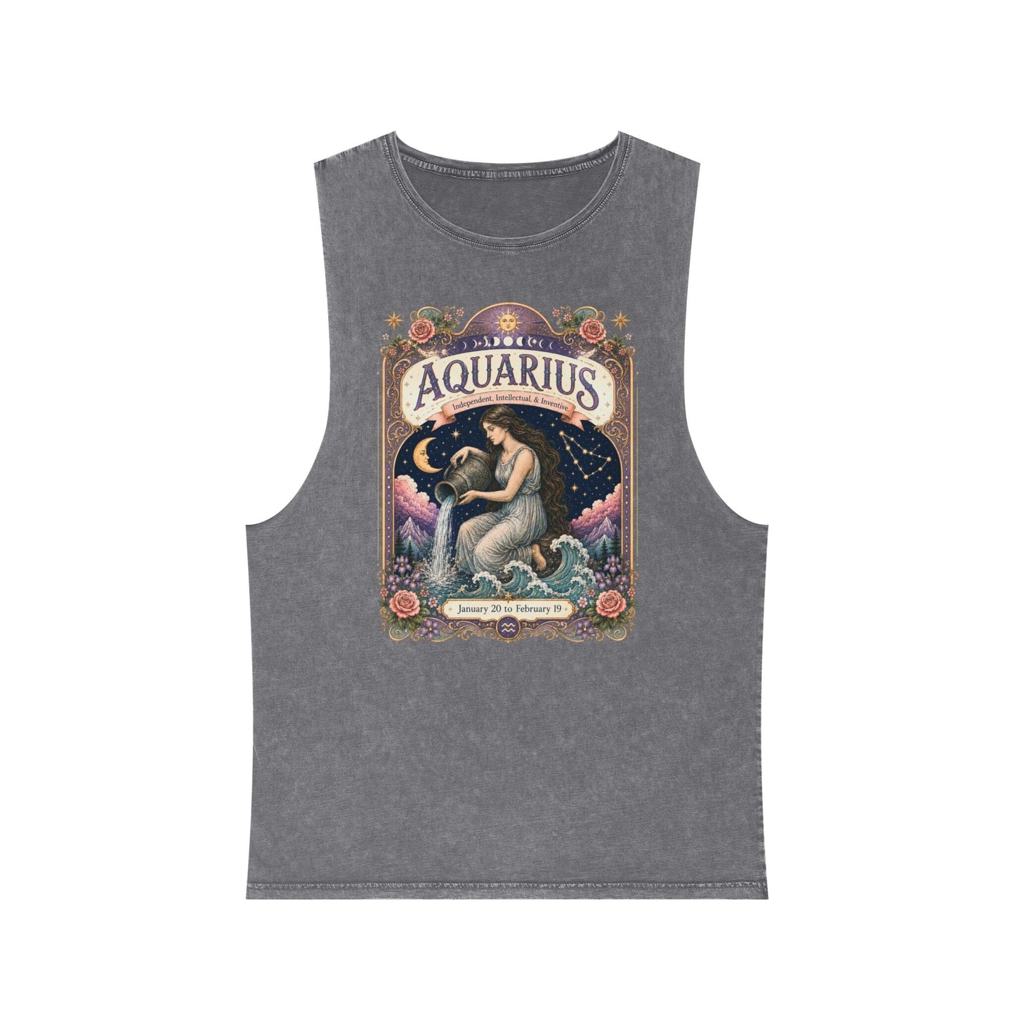 Aquarius Zodiac Stonewash Tank Top – Cosmic Water Bearer Artwork