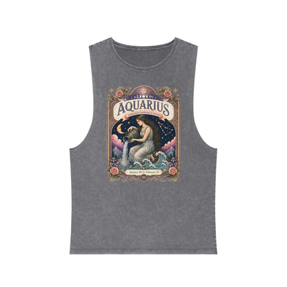 Aquarius Zodiac Stonewash Tank Top – Cosmic Water Bearer Artwork