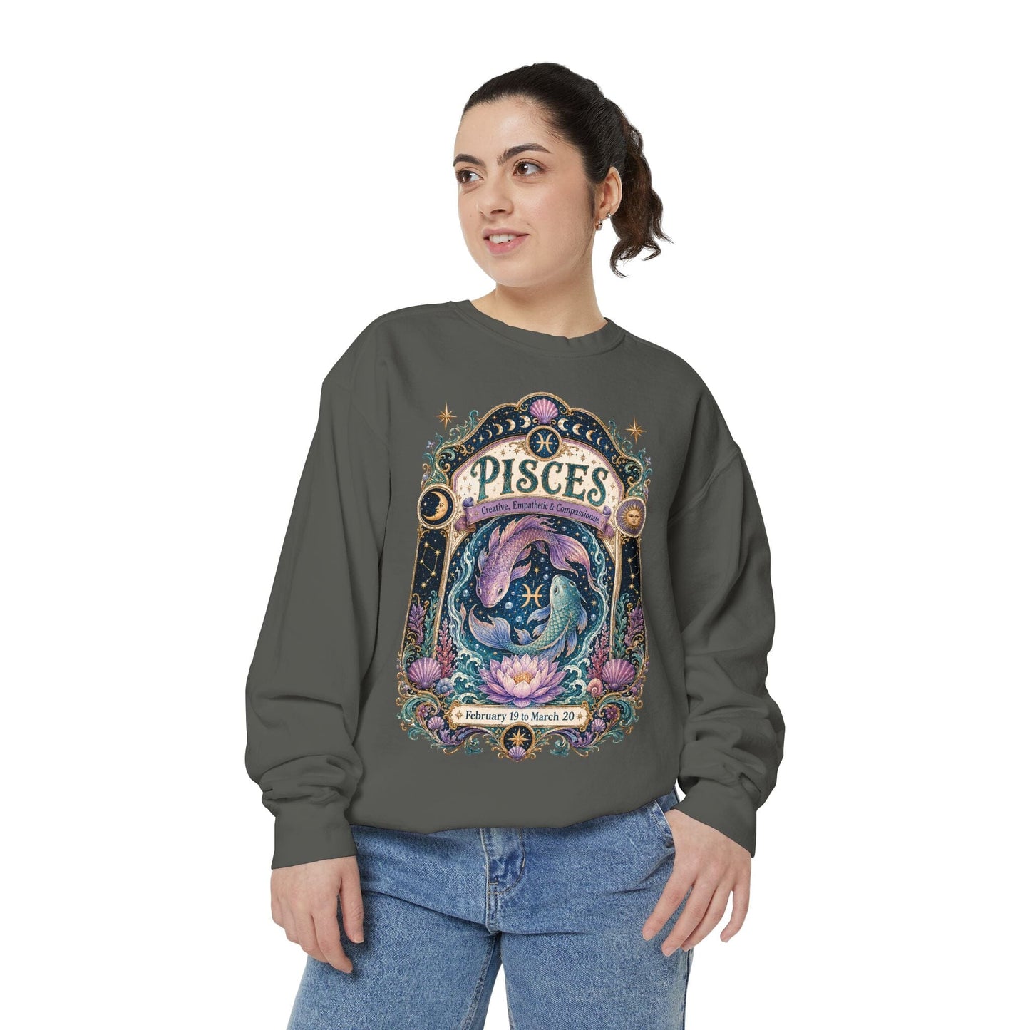 Pisces Zodiac Garment-Dyed Sweatshirt – Mystic Fish Artwork