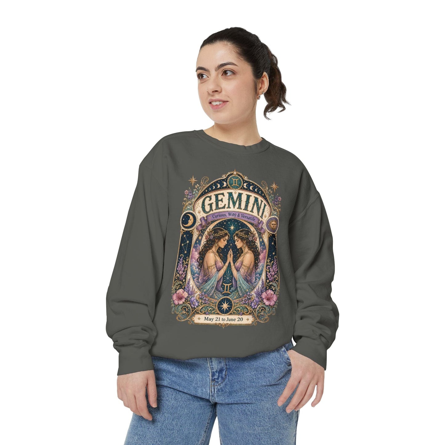 Gemini Zodiac Garment-Dyed Sweatshirt – Mystic Twins Artwork