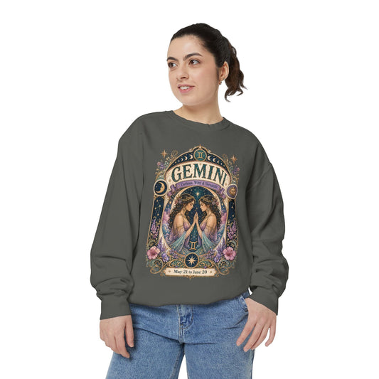 Gemini Zodiac Garment-Dyed Sweatshirt – Mystic Twins Artwork