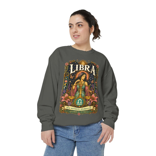 Libra Zodiac Garment-Dyed Sweatshirt – Mystic Scales Artwork