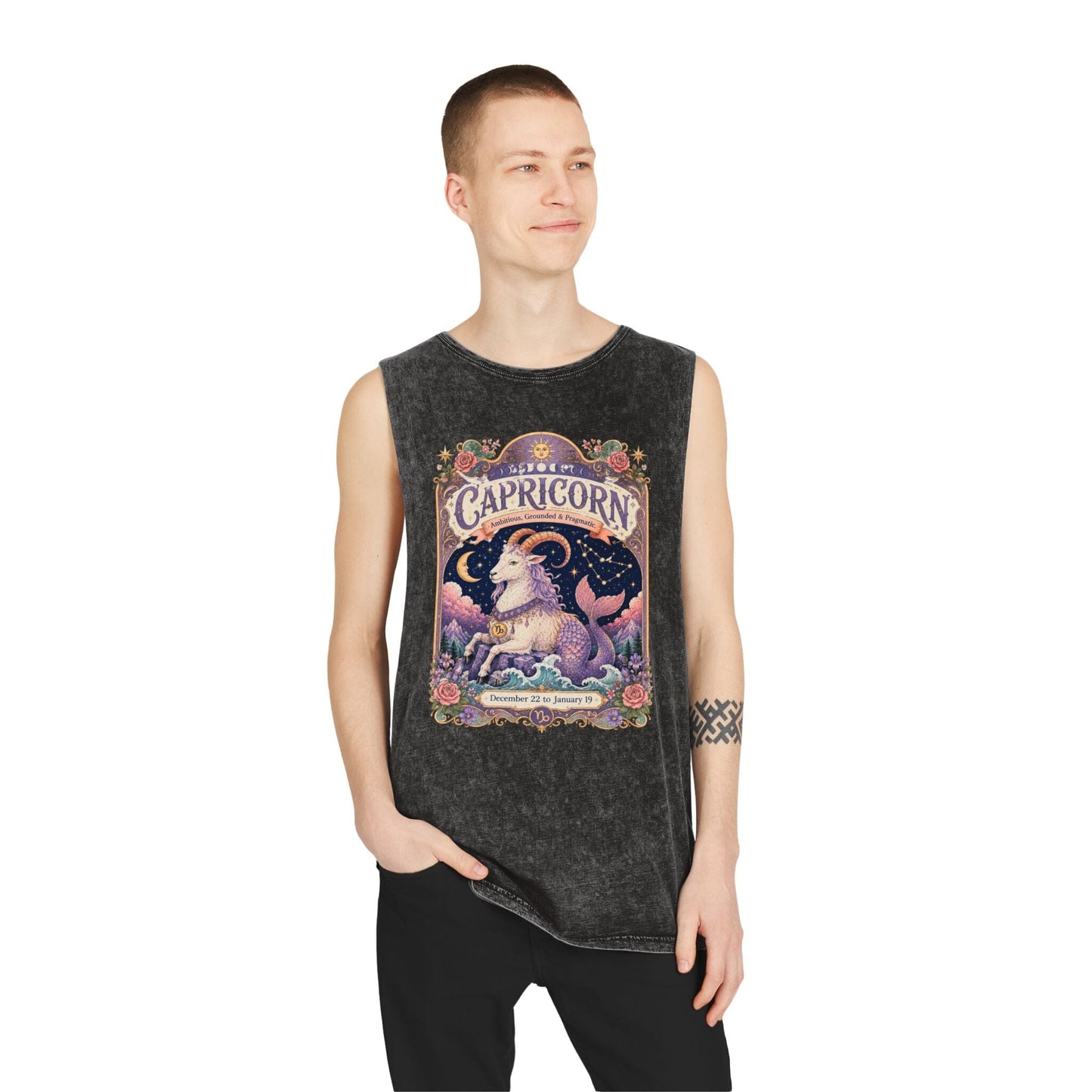 Capricorn Zodiac Stonewash Tank Top – Cosmic Sea Goat Artwork