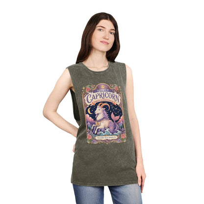 Capricorn Zodiac Stonewash Tank Top – Cosmic Sea Goat Artwork