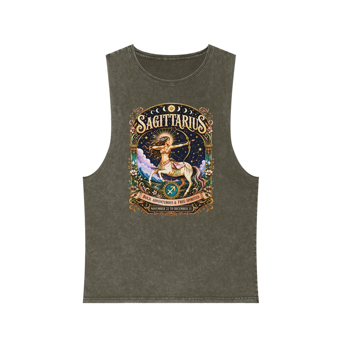 Sagittarius Zodiac Stonewash Tank Top – Cosmic Archer Artwork