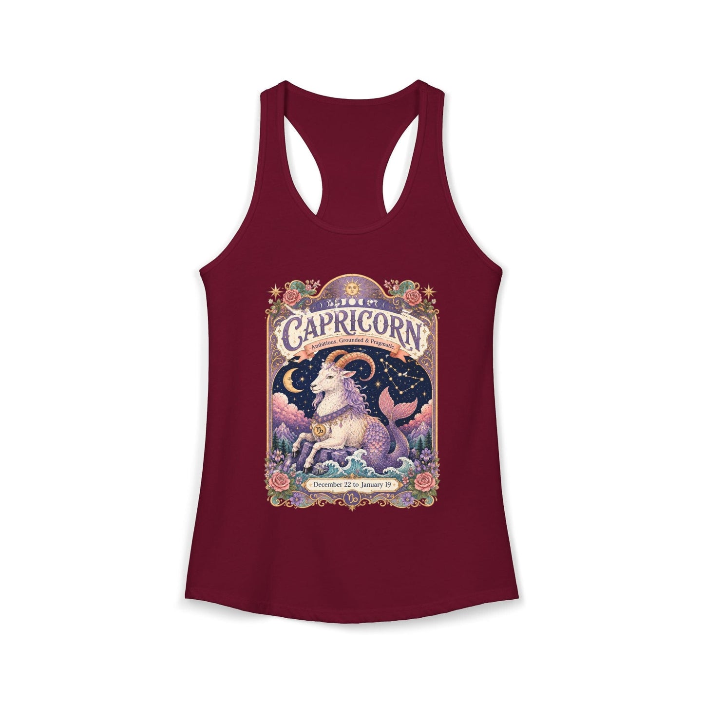 Capricorn Zodiac Women's Racerback Tank – Ornate Sea Goat Artwork