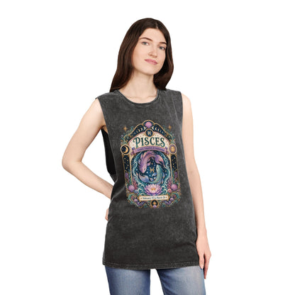 Pisces Zodiac Stonewash Tank Top – Cosmic Fish Artwork