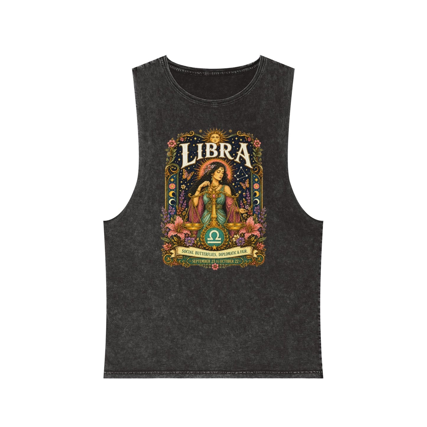 Libra Zodiac Stonewash Tank Top – Cosmic Scales Artwork