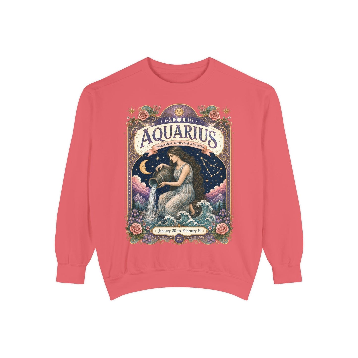 Aquarius Zodiac Garment-Dyed Sweatshirt – Mystic Water Bearer Artwork