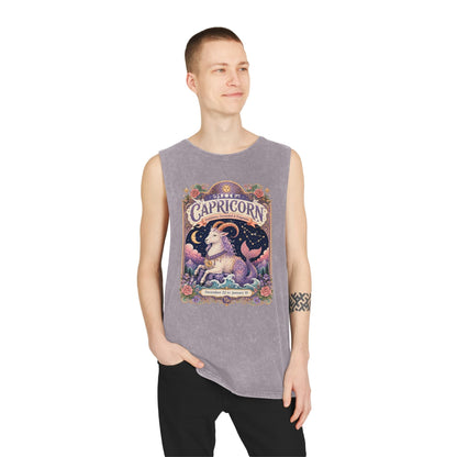 Capricorn Zodiac Stonewash Tank Top – Cosmic Sea Goat Artwork