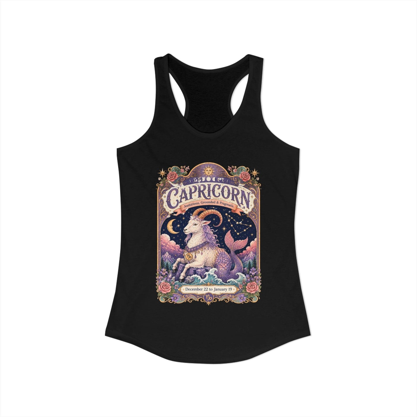 Capricorn Zodiac Women's Racerback Tank – Ornate Sea Goat Artwork