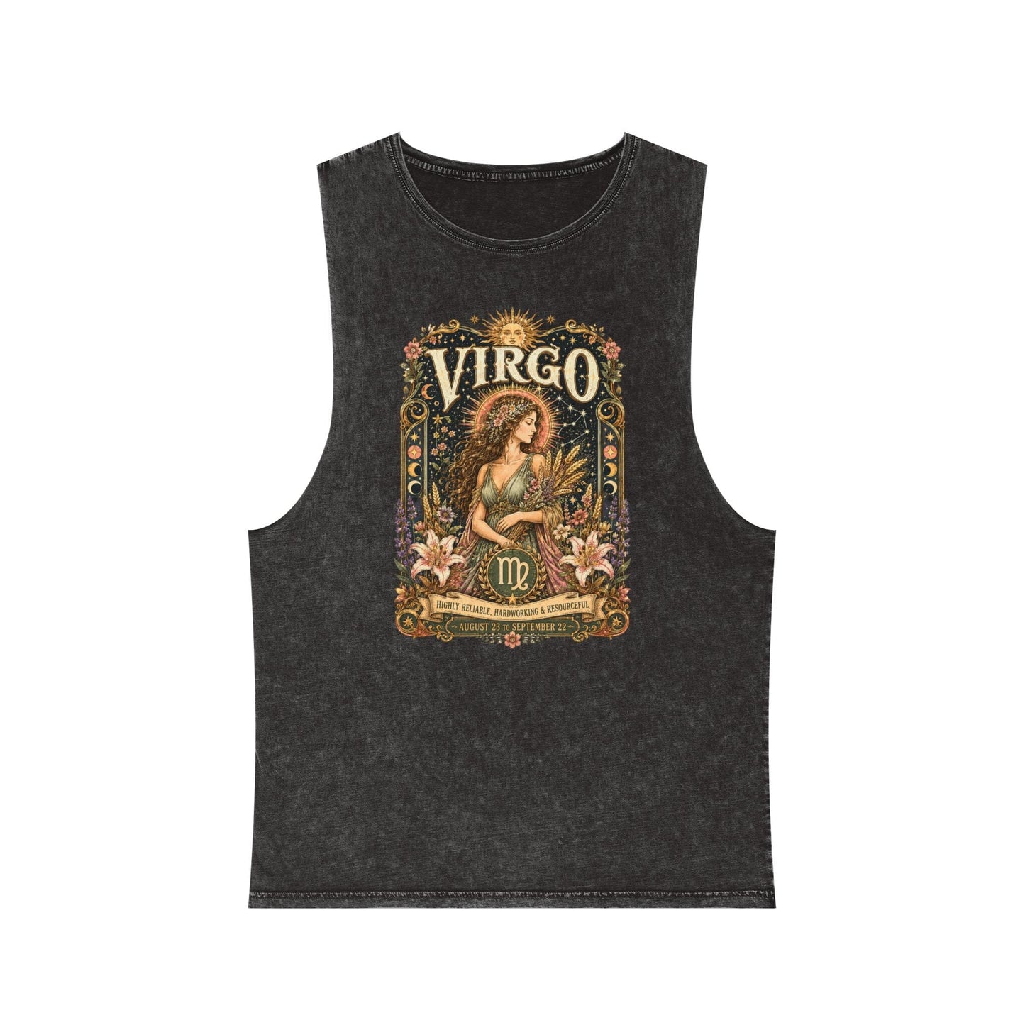 Virgo Zodiac Stonewash Tank Top – Cosmic Maiden Artwork
