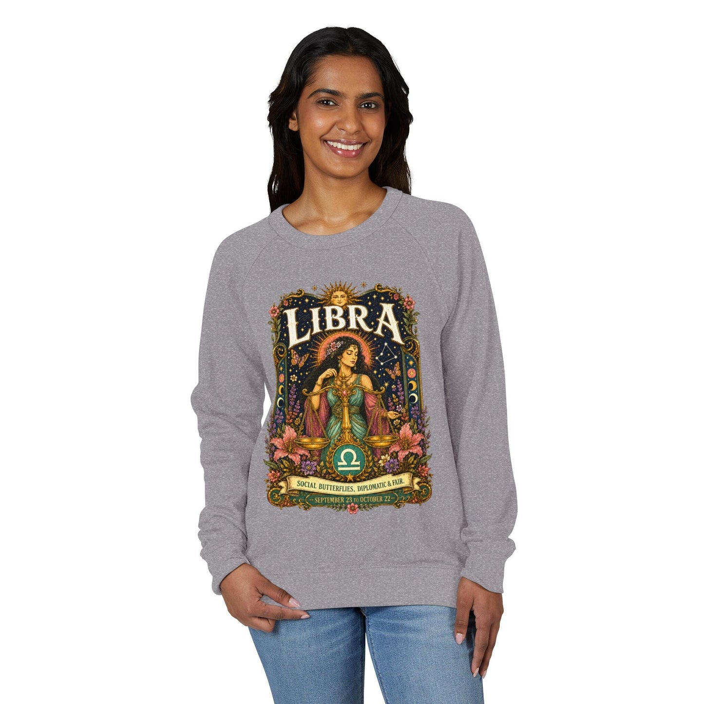 Libra Zodiac Raglan Sweatshirt – Ethereal Scales Artwork