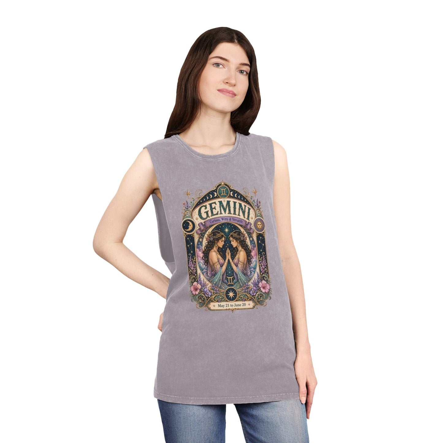 Gemini Zodiac Stonewash Tank Top – Cosmic Twins Artwork