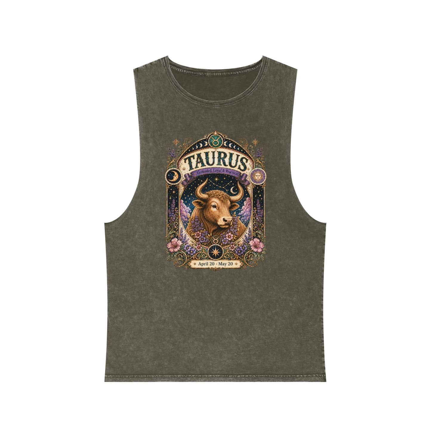 Taurus Zodiac Stonewash Tank Top – Cosmic Bull Artwork