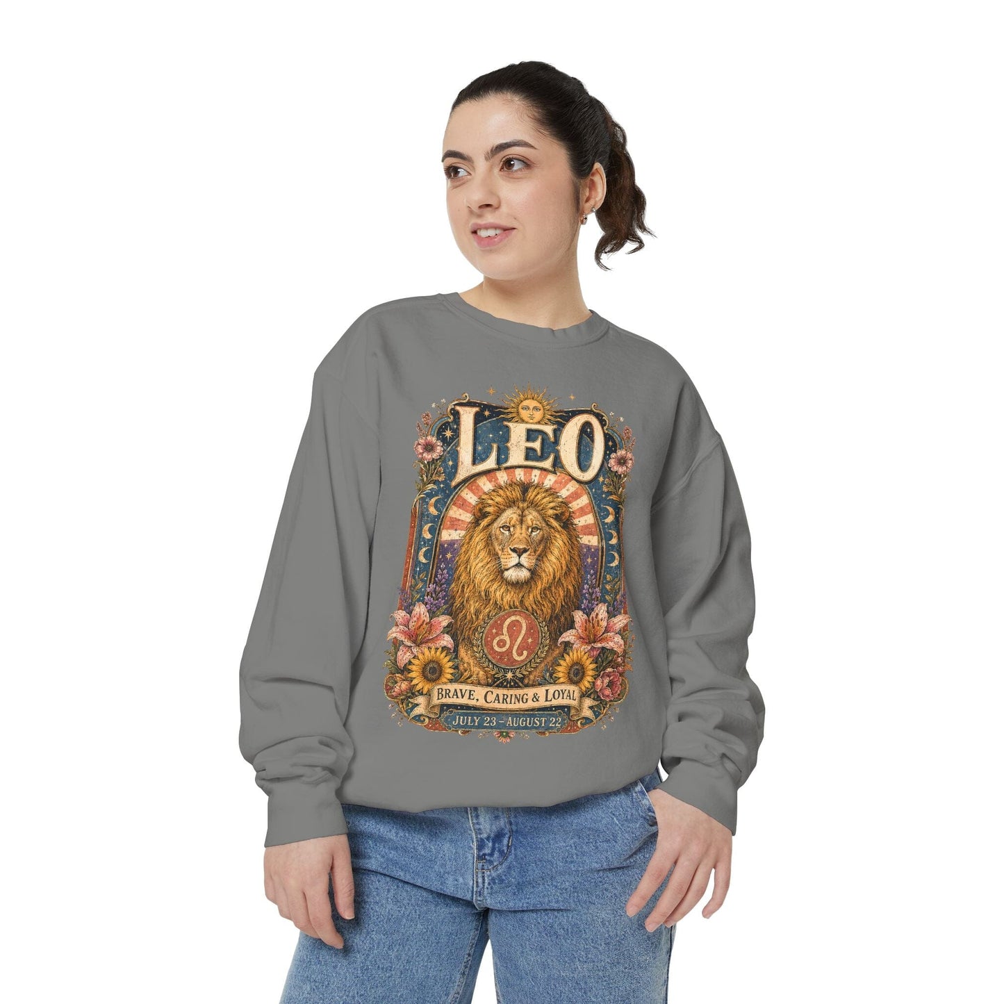 Leo Zodiac Garment-Dyed Sweatshirt – Mystic Lion Artwork