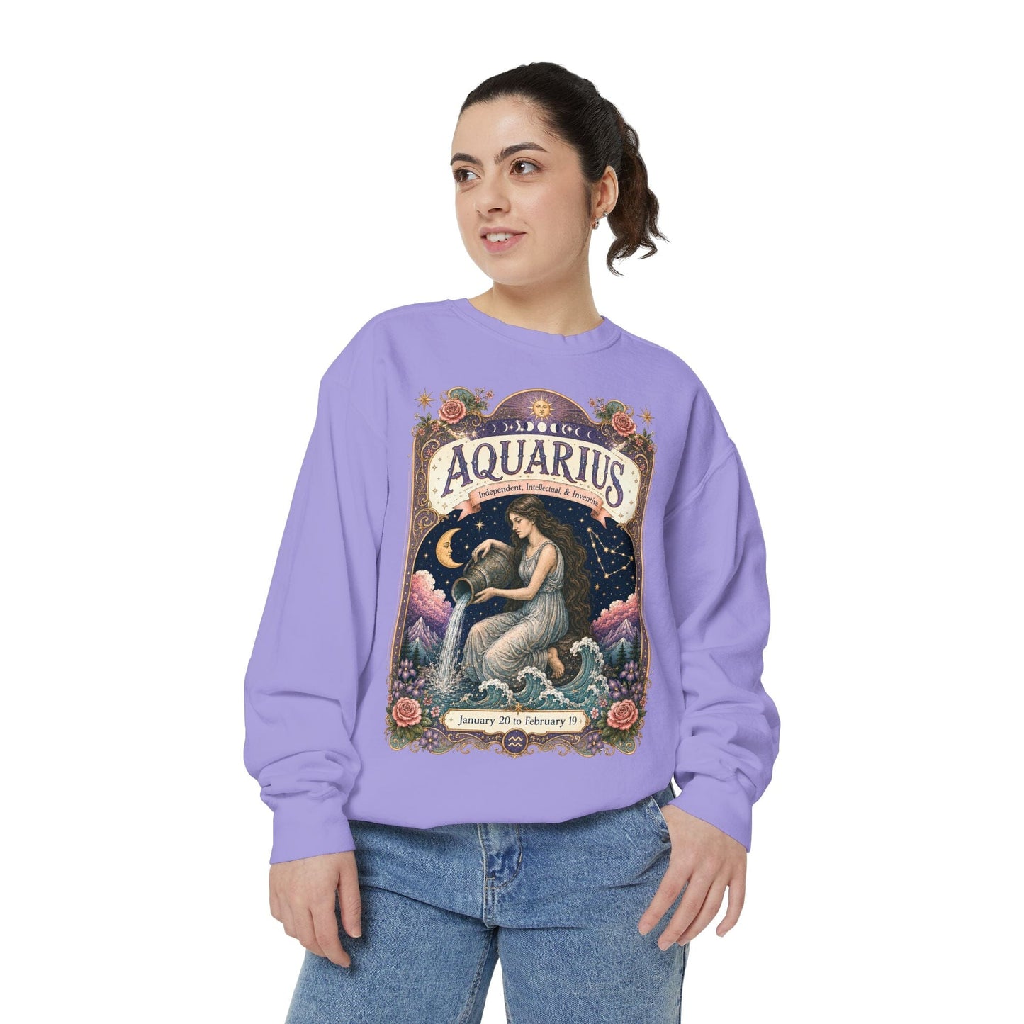 Aquarius Zodiac Garment-Dyed Sweatshirt – Mystic Water Bearer Artwork