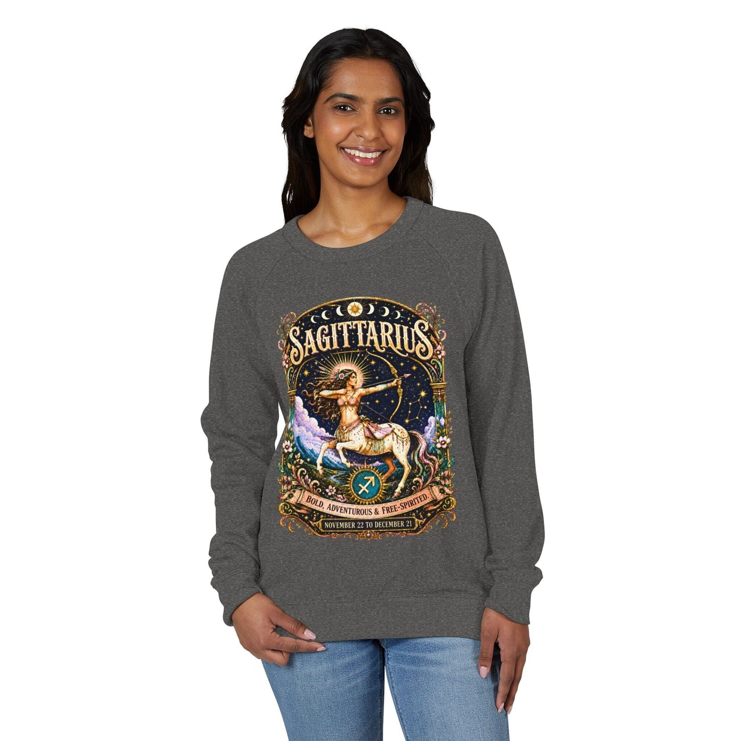 Sagittarius Zodiac Raglan Sweatshirt – Ethereal Archer Artwork