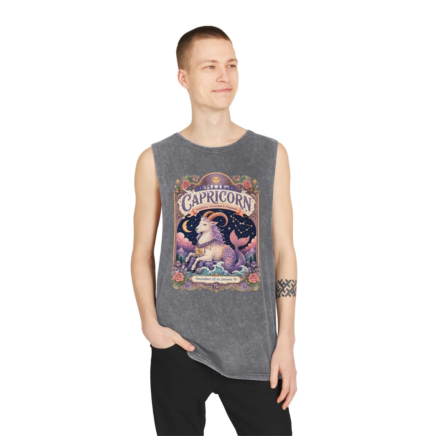 Capricorn Zodiac Stonewash Tank Top – Cosmic Sea Goat Artwork
