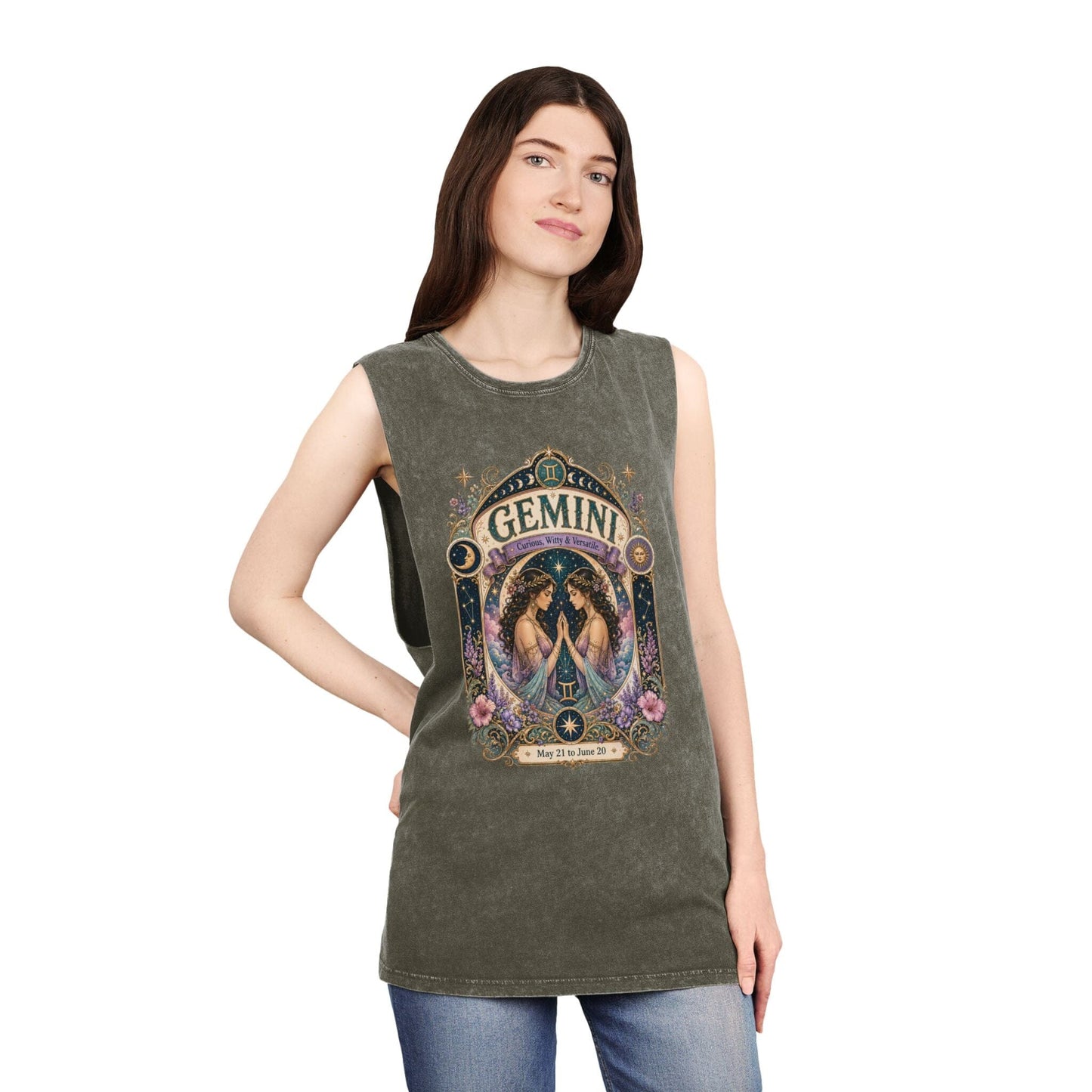 Gemini Zodiac Stonewash Tank Top – Cosmic Twins Artwork