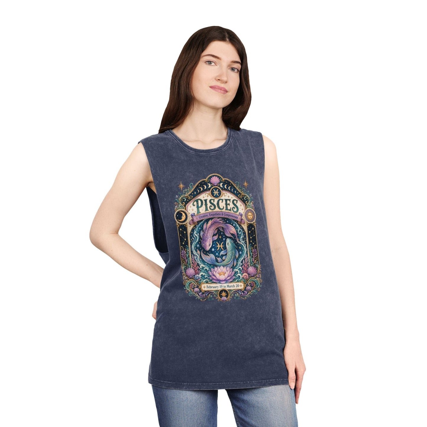 Pisces Zodiac Stonewash Tank Top – Cosmic Fish Artwork