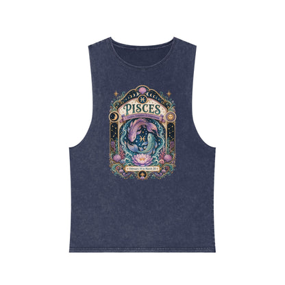 Pisces Zodiac Stonewash Tank Top – Cosmic Fish Artwork