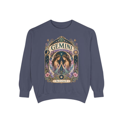 Gemini Zodiac Garment-Dyed Sweatshirt – Mystic Twins Artwork