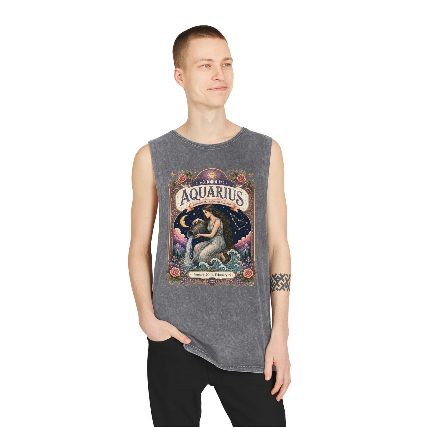 Aquarius Zodiac Stonewash Tank Top – Cosmic Water Bearer Artwork