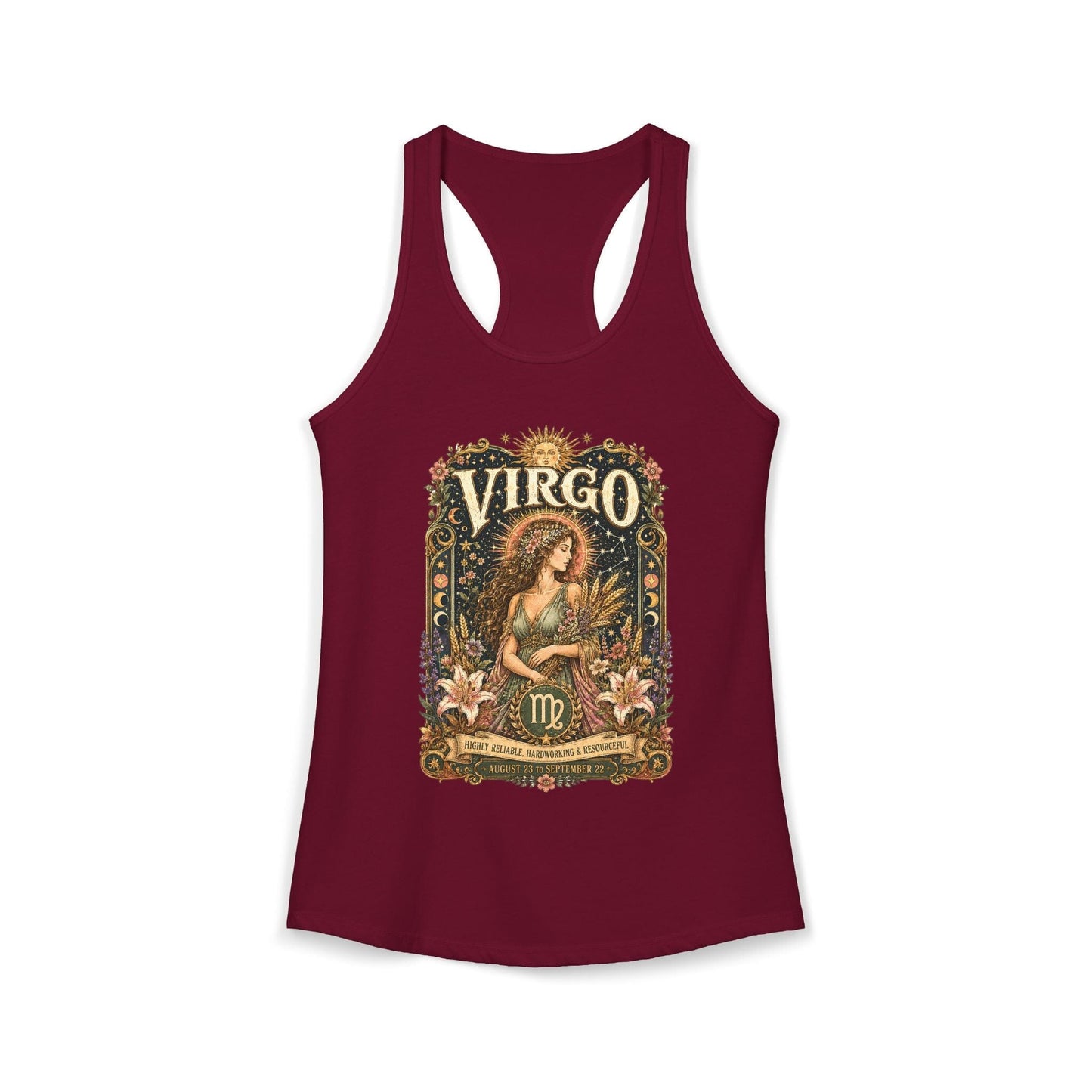 Virgo Zodiac Women's Racerback Tank – Ornate Maiden Artwork