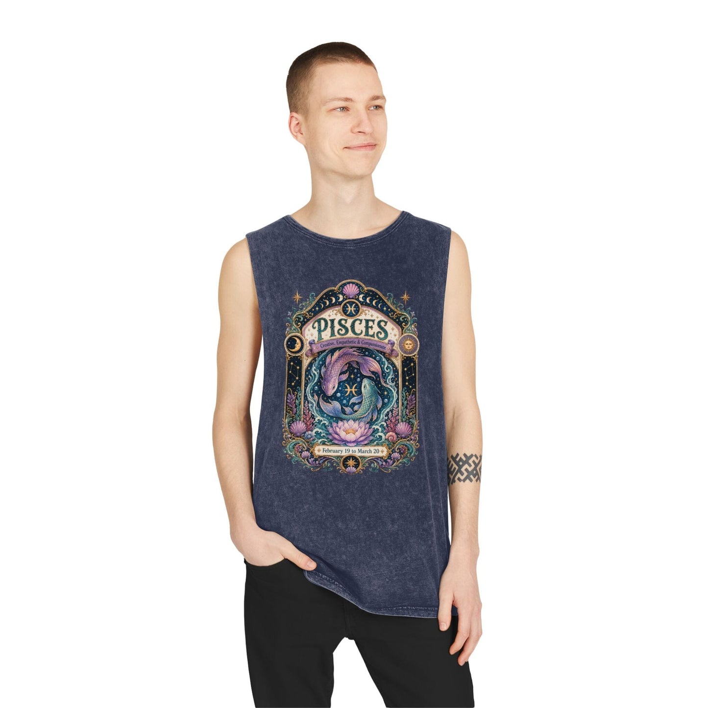Pisces Zodiac Stonewash Tank Top – Cosmic Fish Artwork