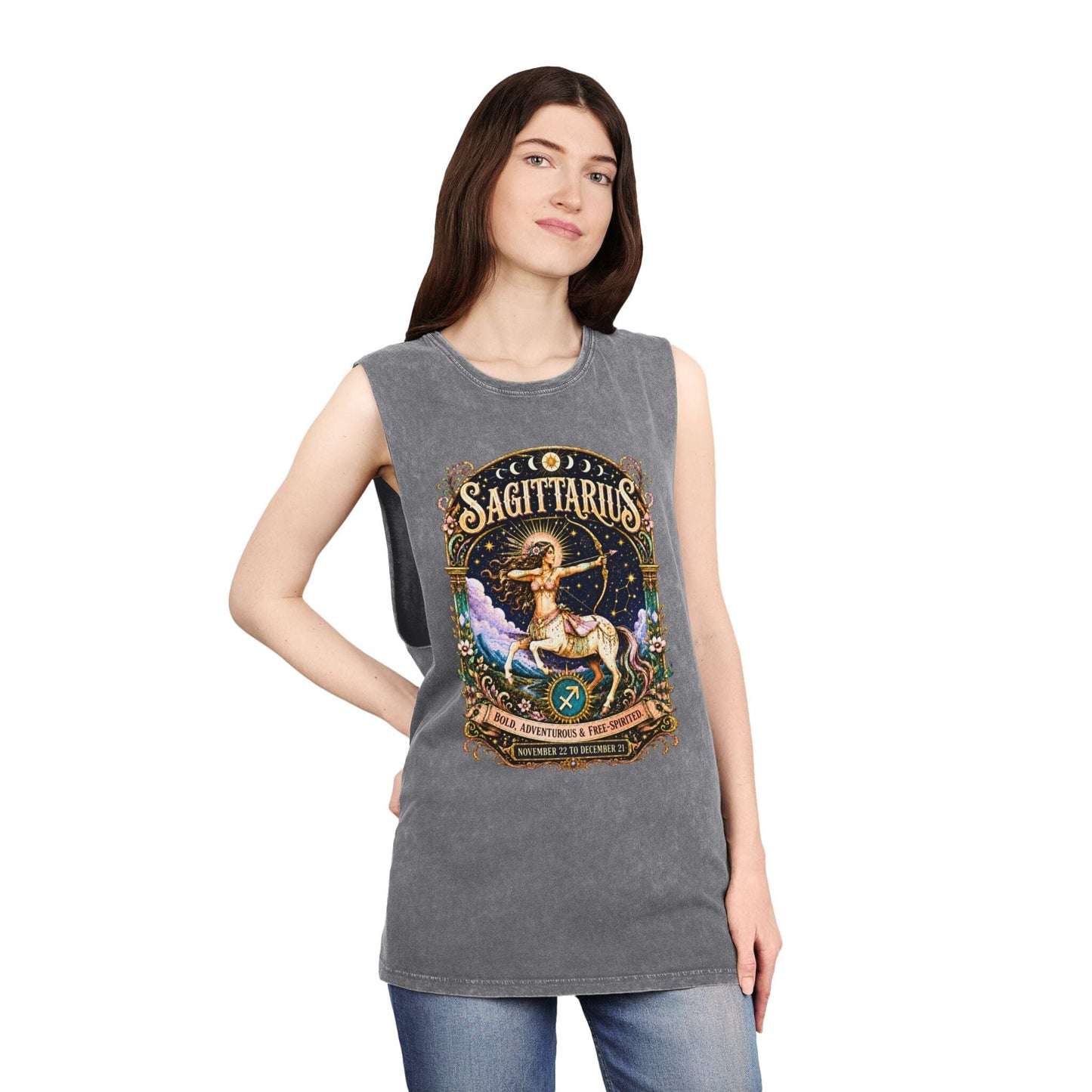 Sagittarius Zodiac Stonewash Tank Top – Cosmic Archer Artwork