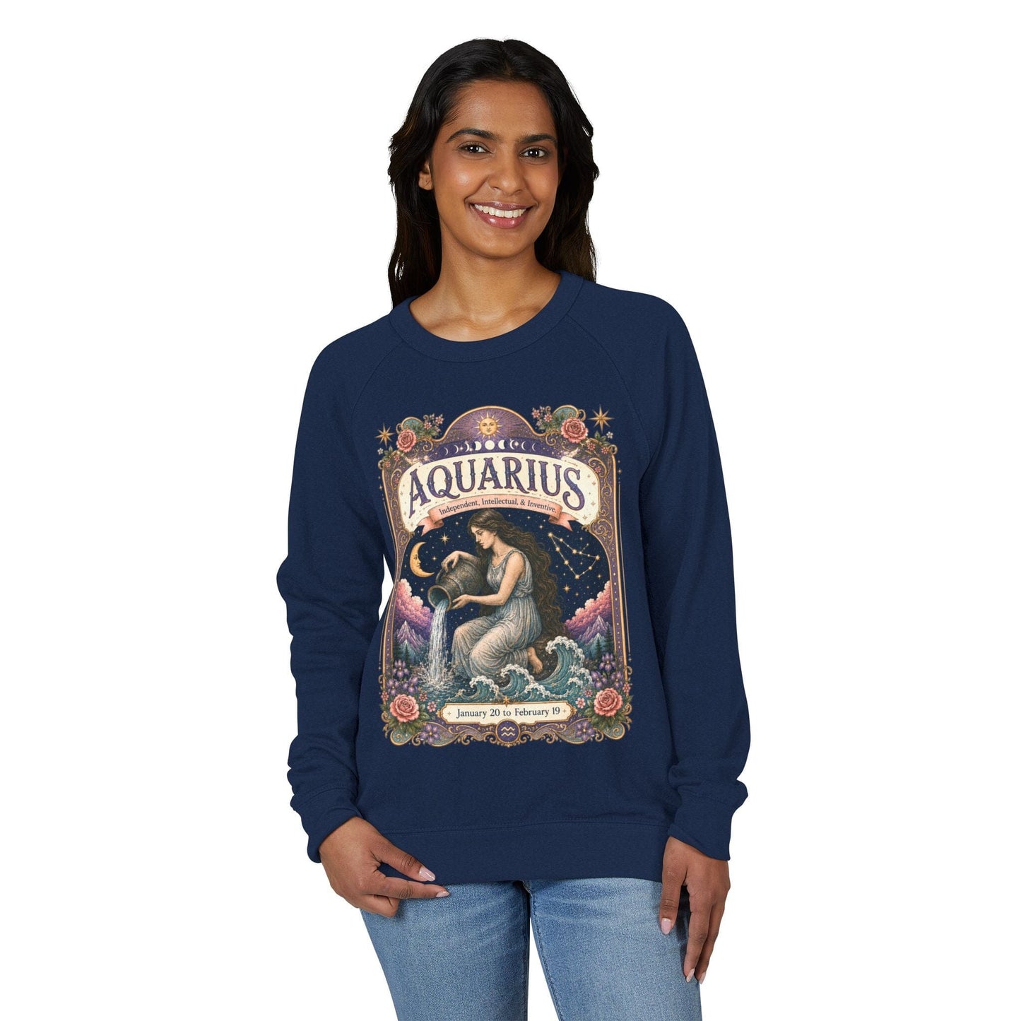 Aquarius Zodiac Raglan Sweatshirt – Ethereal Water Bearer Artwork