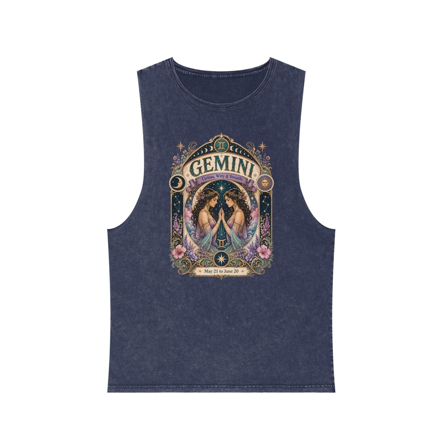 Gemini Zodiac Stonewash Tank Top – Cosmic Twins Artwork
