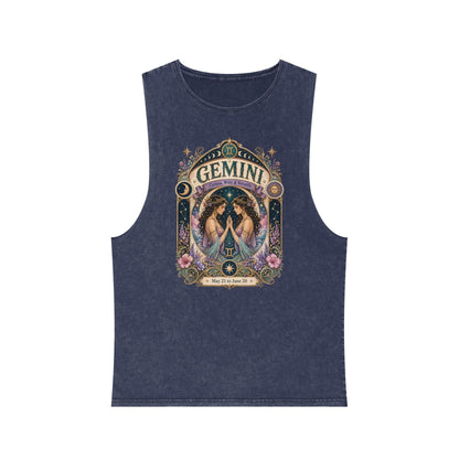 Gemini Zodiac Stonewash Tank Top – Cosmic Twins Artwork