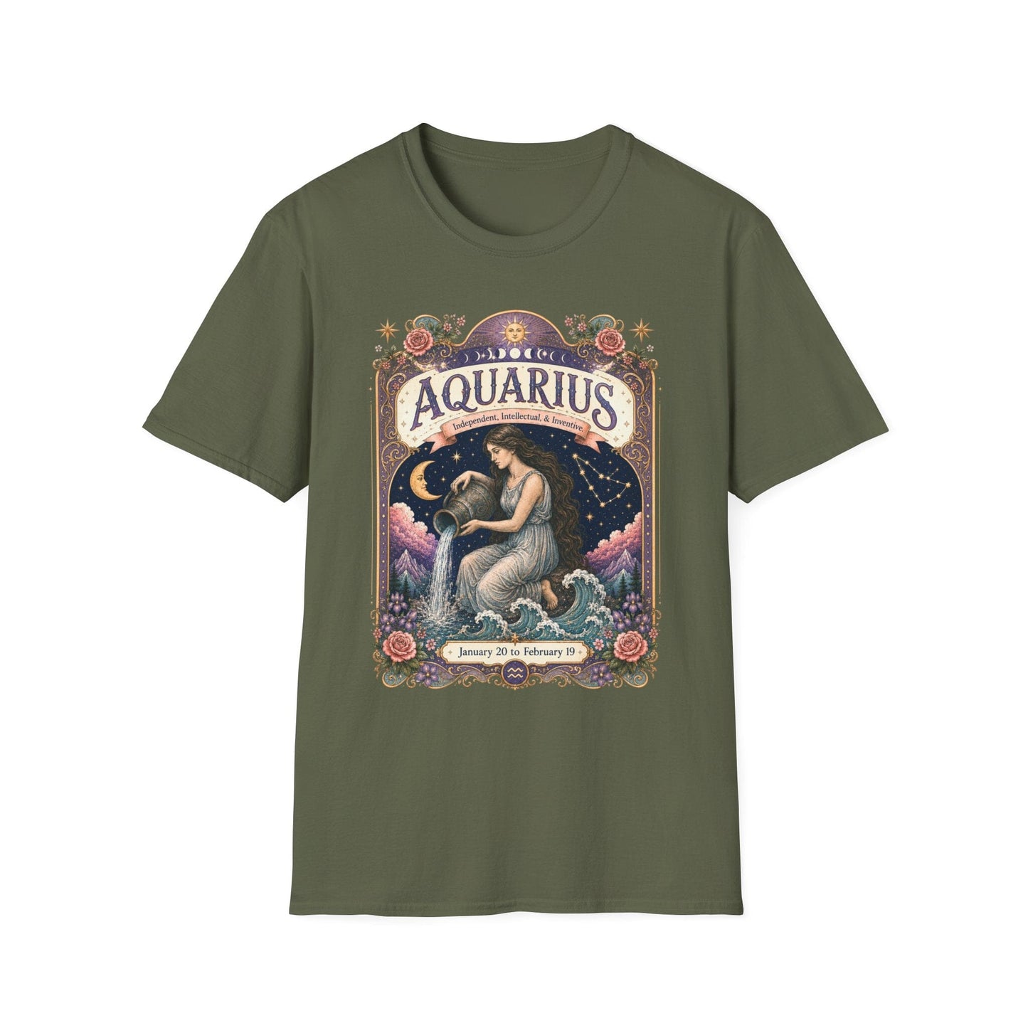 Aquarius Zodiac Softstyle T-Shirt – Celestial Water Bearer Artwork