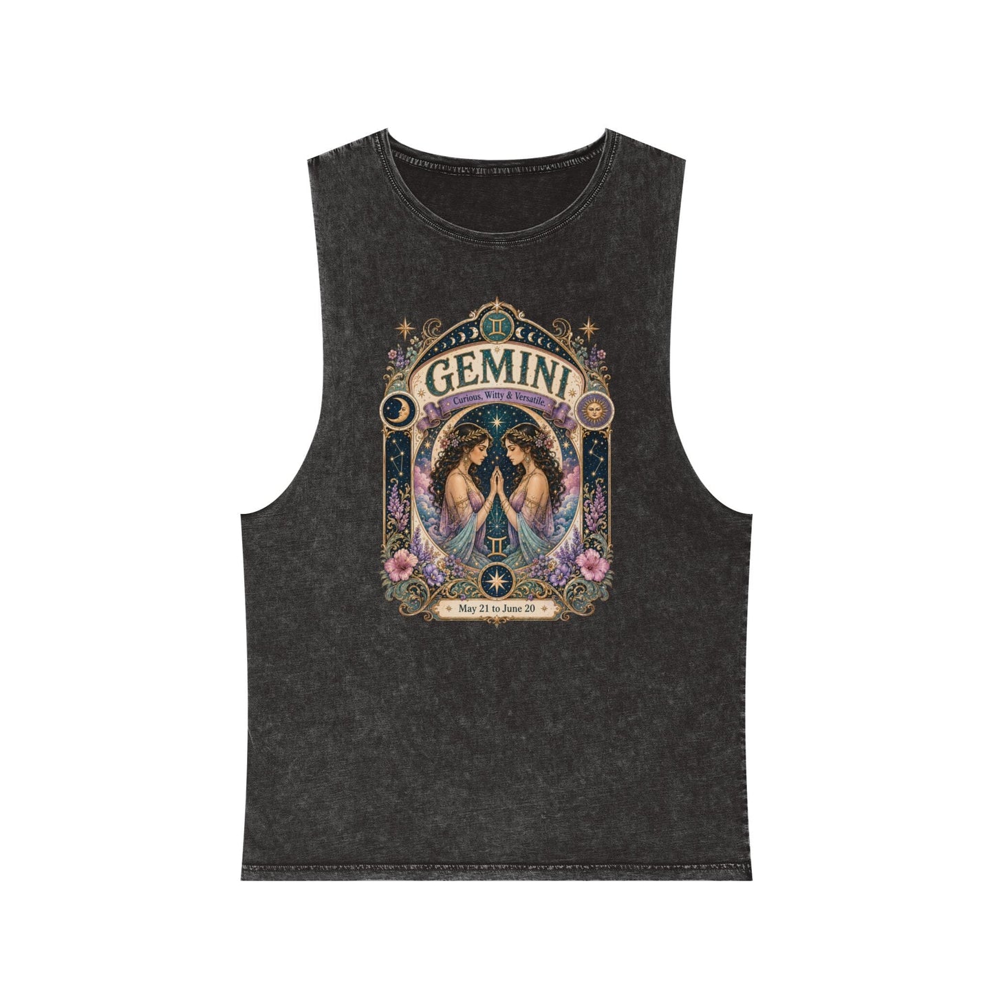 Gemini Zodiac Stonewash Tank Top – Cosmic Twins Artwork