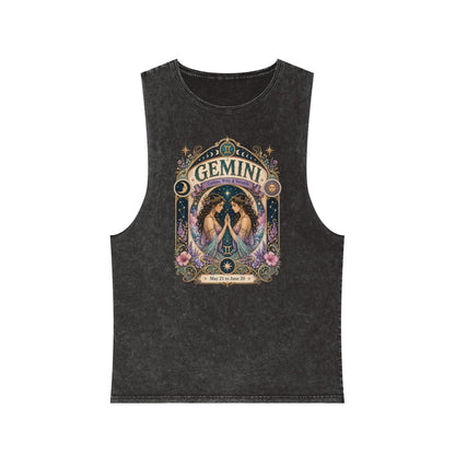 Gemini Zodiac Stonewash Tank Top – Cosmic Twins Artwork