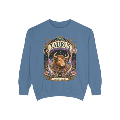 Taurus Zodiac Garment-Dyed Sweatshirt – Mystic Bull Artwork
