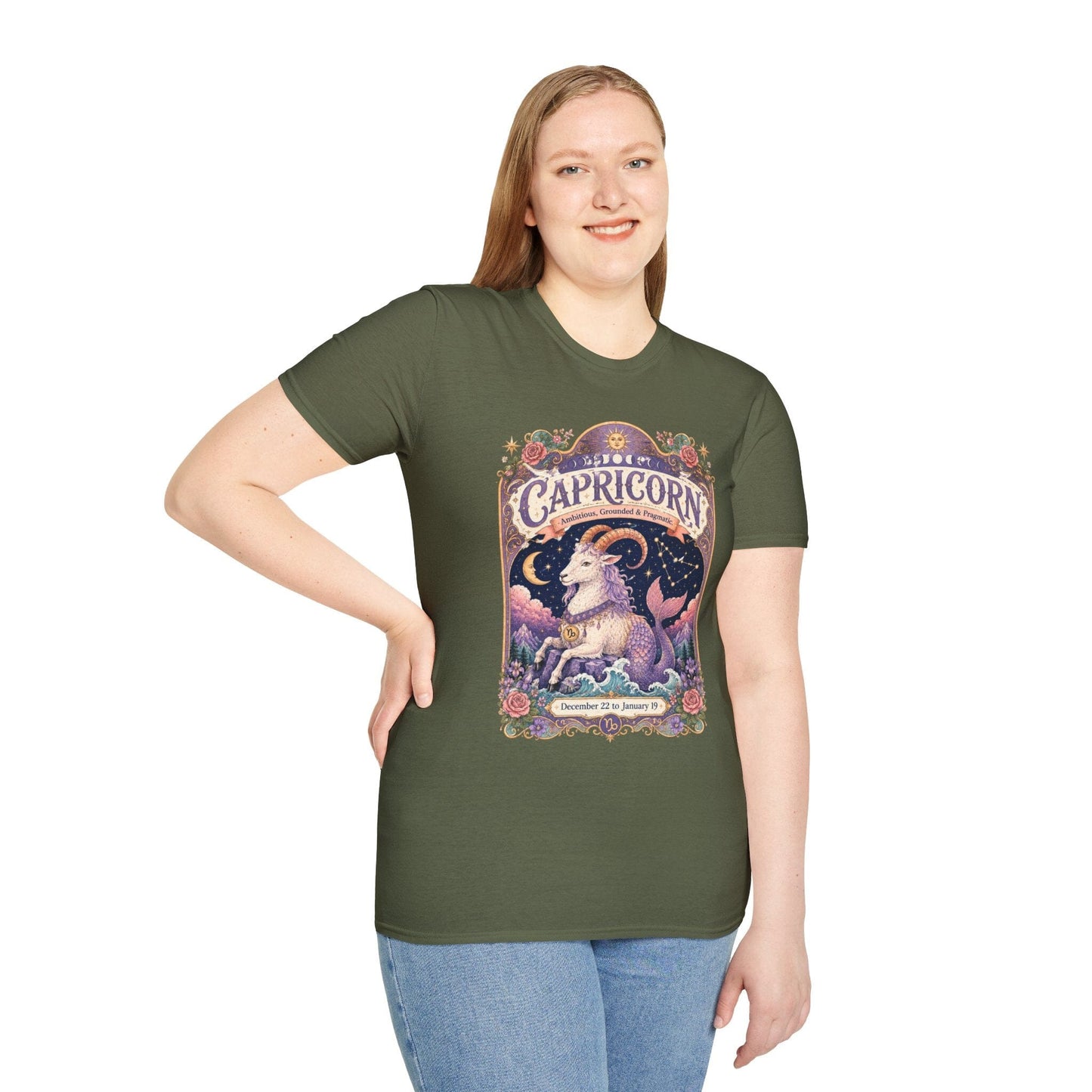 Capricorn Zodiac Softstyle T-Shirt – Celestial Sea Goat Artwork