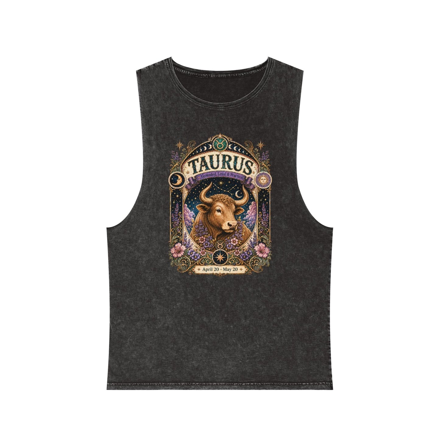 Taurus Zodiac Stonewash Tank Top – Cosmic Bull Artwork