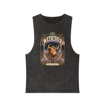 Taurus Zodiac Stonewash Tank Top – Cosmic Bull Artwork