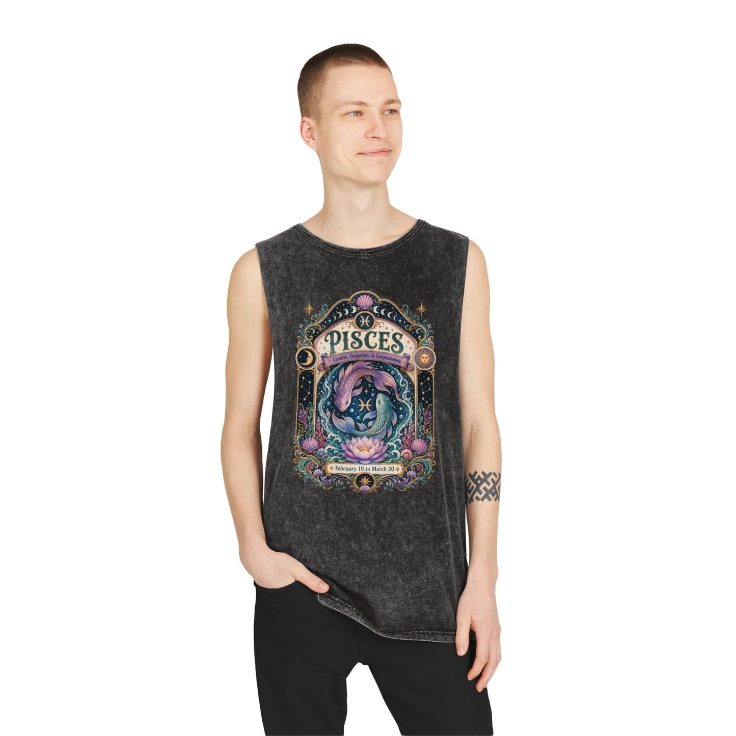 Pisces Zodiac Stonewash Tank Top – Cosmic Fish Artwork